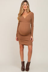 Mocha Ribbed Knit Ruched Wrap Fitted Maternity Dress