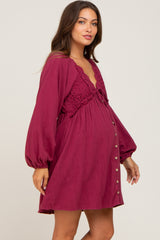 Burgundy Crochet Lace Button Front Maternity Dress