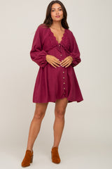 Burgundy Crochet Lace Button Front Maternity Dress