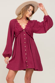 Burgundy Crochet Lace Button Front Dress