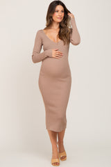 Mocha Knit Ribbed Maternity Midi Dress