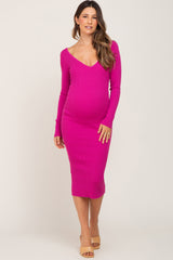 Fuchsia Knit Ribbed Maternity Midi Dress