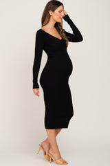 Black Knit Ribbed Maternity Midi Dress