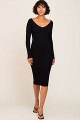 Black Knit Ribbed Maternity Midi Dress