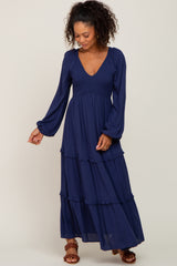 Navy Blue Smocked Tiered Maternity Midi Dress