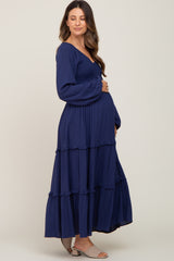 Navy Blue Smocked Tiered Maternity Midi Dress