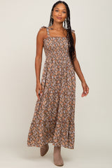 Camel Floral Sleeveless Tiered Maternity Maxi Dress