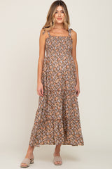 Camel Floral Sleeveless Tiered Maternity Maxi Dress