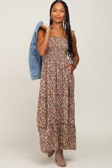 Camel Floral Sleeveless Tiered Maxi Dress