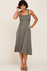 Olive Smocked Ruffle Strap Maternity Midi Dress