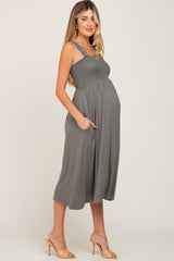 Olive Smocked Ruffle Strap Maternity Midi Dress