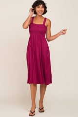 Magenta Smocked Ruffle Strap Maternity Midi Dress