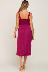 Magenta Smocked Ruffle Strap Maternity Midi Dress