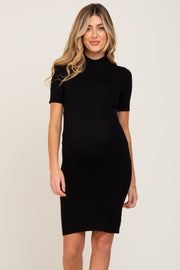 Black Ribbed Mock Neck Maternity Dress