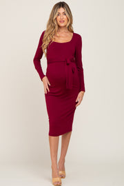 Burgundy Basic Square Neck Maternity Midi Dress