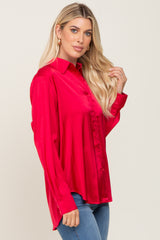 Red Satin Button Down Long Sleeve Top