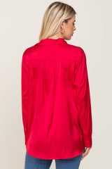 Red Satin Button Down Long Sleeve Top