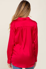 Red Satin Button Down Long Sleeve Maternity Top