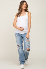 Light Blue Distressed Straight Maternity Jeans