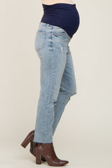 Light Blue Distressed Knee Straight Maternity Jeans