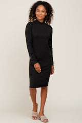 Black Ribbed Mock Neck Long Sleeve Dress