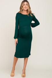 Hunter Green Long Sleeve Ruched Maternity Midi Dress