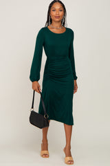 Hunter Green Long Sleeve Ruched Midi Dress