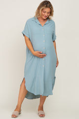 Light Olive Button Down Hi Low Maternity Plus Maxi Dress