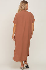 Mocha Button Down Hi Low Maternity Plus Maxi Dress