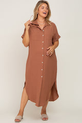 Mocha Button Down Hi Low Maternity Plus Maxi Dress