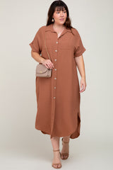 Mocha Button Down Hi Low Plus Maxi Dress