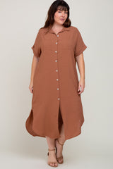 Mocha Button Down Hi Low Plus Maxi Dress