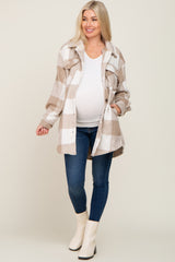 Beige Plaid Brushed Long Maternity Shacket