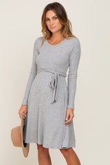 Heather Grey Soft Rib Knit Sash Tie Maternity Dress