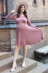 Mauve Soft Rib Knit Sash Tie Dress