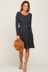 Charcoal Soft Rib Knit Sash Tie Maternity Dress