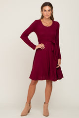 Burgundy Soft Rib Knit Sash Tie Maternity Dress