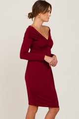 Burgundy Ruched Off Shoulder Long Sleeve Dress