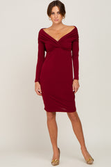 Burgundy Ruched Off Shoulder Long Sleeve Dress