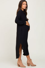 Black Button Down Front Pocket Maternity Midi Dress