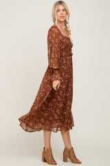 Brown Floral Chiffon Smocked Waist Midi Dress