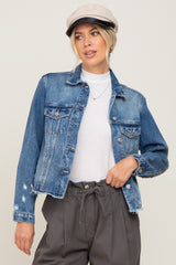 Navy Blue Distressed Cropped Maternity Denim Jacket