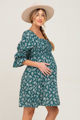 Forest Green Floral Ruffle Sleeve Smocked Maternity Dress