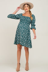 Forest Green Floral Ruffle Sleeve Smocked Maternity Dress