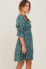 Forest Green Floral Ruffle Sleeve Smocked Dress