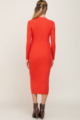 Rust Ribbed Button Front Long Sleeve Maternity Dress