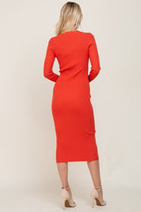 Rust Ribbed Button Front Long Sleeve Dress