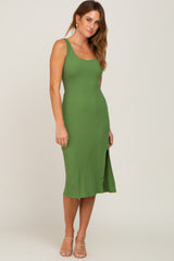 Olive Ribbed Back Cutout Midi Dress