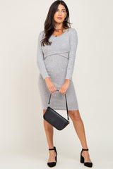 Heather Grey Brushed Knit Long Sleeve Wrap Nursing Dress