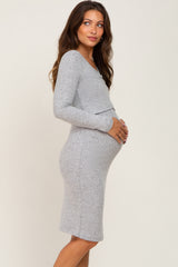 Heather Grey Brushed Knit Long Sleeve Maternity Wrap Nursing Dress